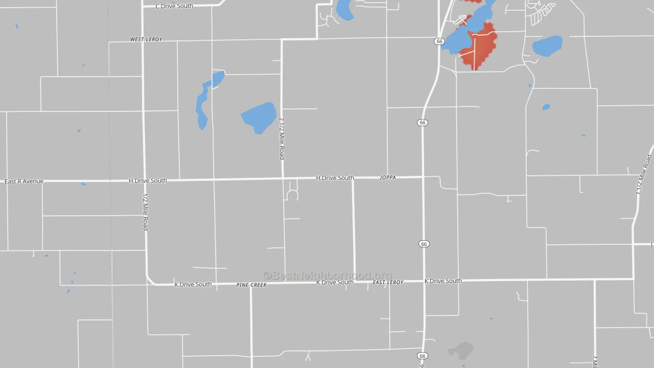 Walk Grade map of East Leroy, MI, walkable areas in green and car-dependent areas in red