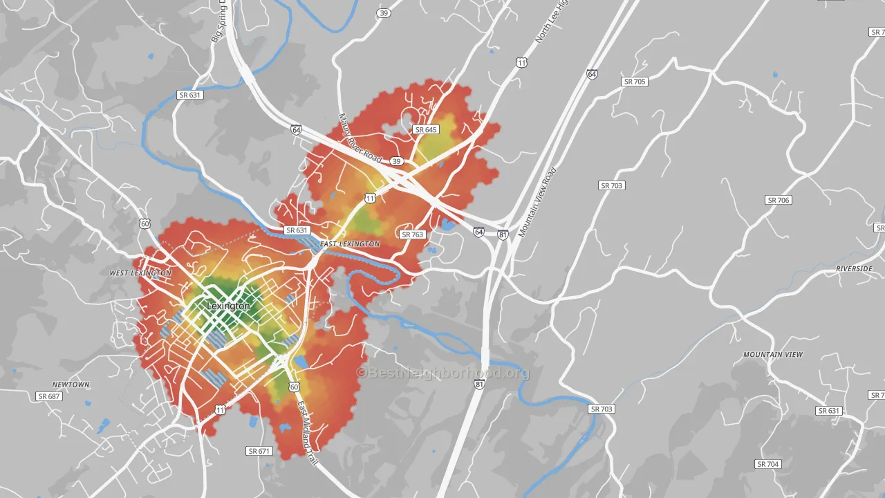 Walk Grade map of East Lexington, VA, walkable areas in green and car-dependent areas in red