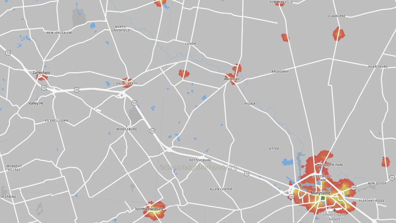 Walk Grade map of East Liberty, OH, walkable areas in green and car-dependent areas in red