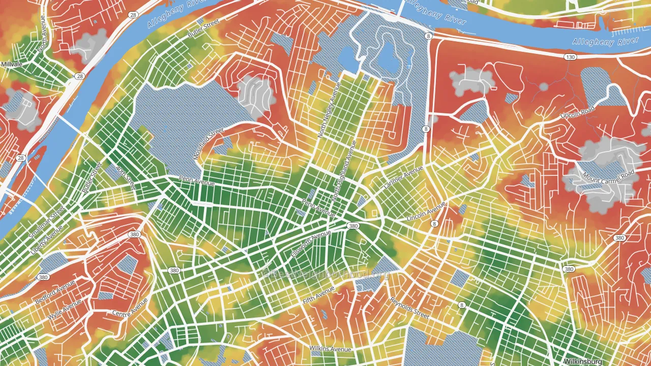 Walk Grade map of East Liberty, Pittsburgh, PA, walkable areas in green and car-dependent areas in red