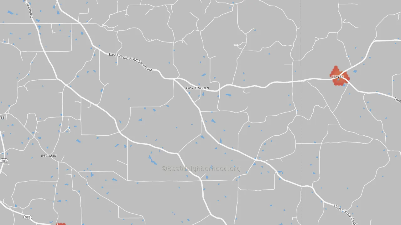 Walk Grade map of East Lincoln, MS, walkable areas in green and car-dependent areas in red