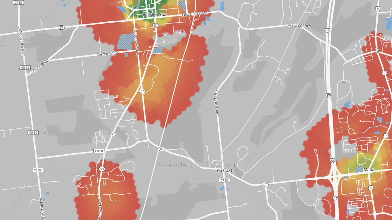 Walk Grade map of East Line, NY, walkable areas in green and car-dependent areas in red