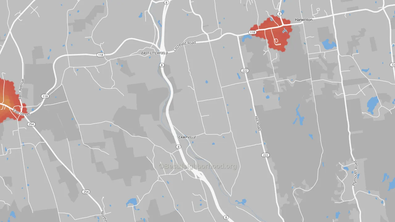 Walk Grade map of East Litchfield, CT, walkable areas in green and car-dependent areas in red