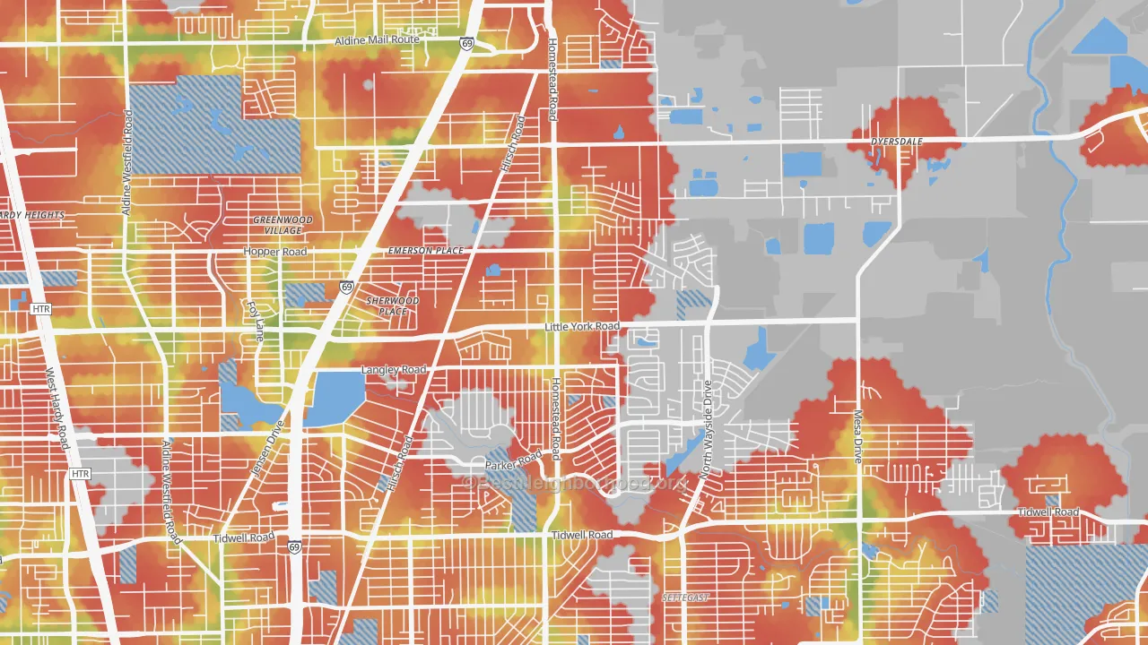Walk Grade map of East Little York-Homestead, Houston, TX, walkable areas in green and car-dependent areas in red