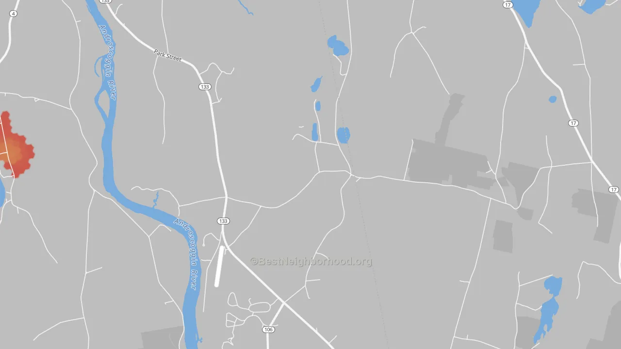 Walk Grade map of East Livermore, ME, walkable areas in green and car-dependent areas in red