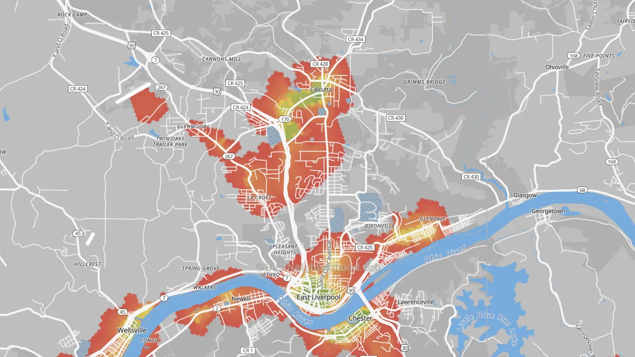 Walk Grade map of East Liverpool, OH, walkable areas in green and car-dependent areas in red