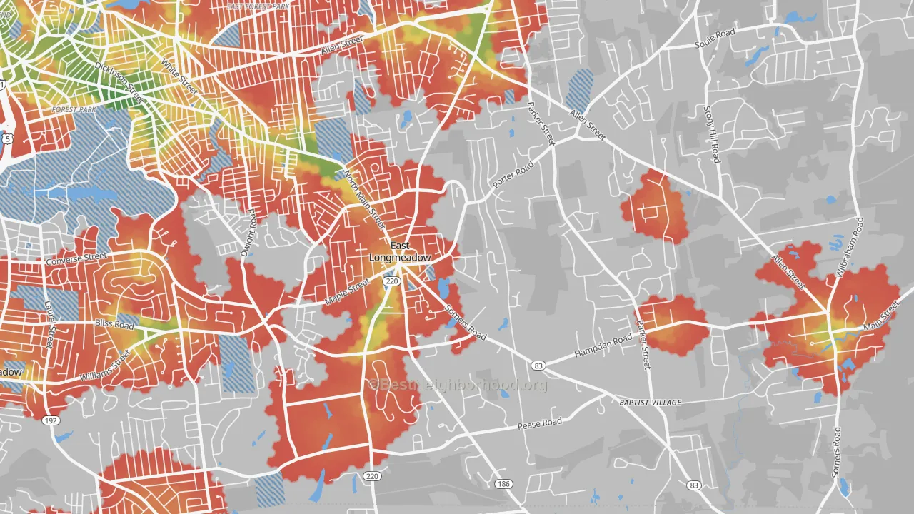 Walk Grade map of East Longmeadow, MA, walkable areas in green and car-dependent areas in red