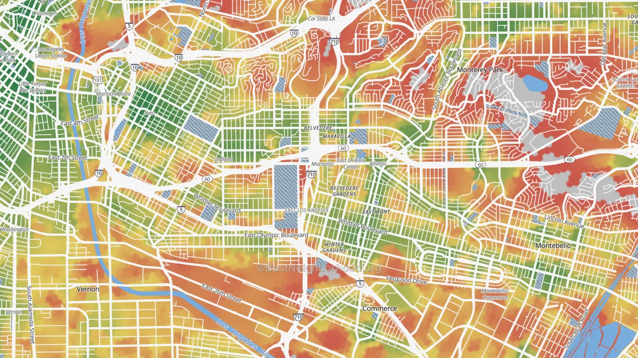 Walk Grade map of East Los Angeles, CA, walkable areas in green and car-dependent areas in red
