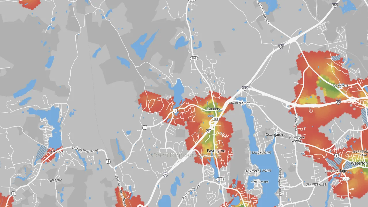 Walk Grade map of East Lyme, CT, walkable areas in green and car-dependent areas in red