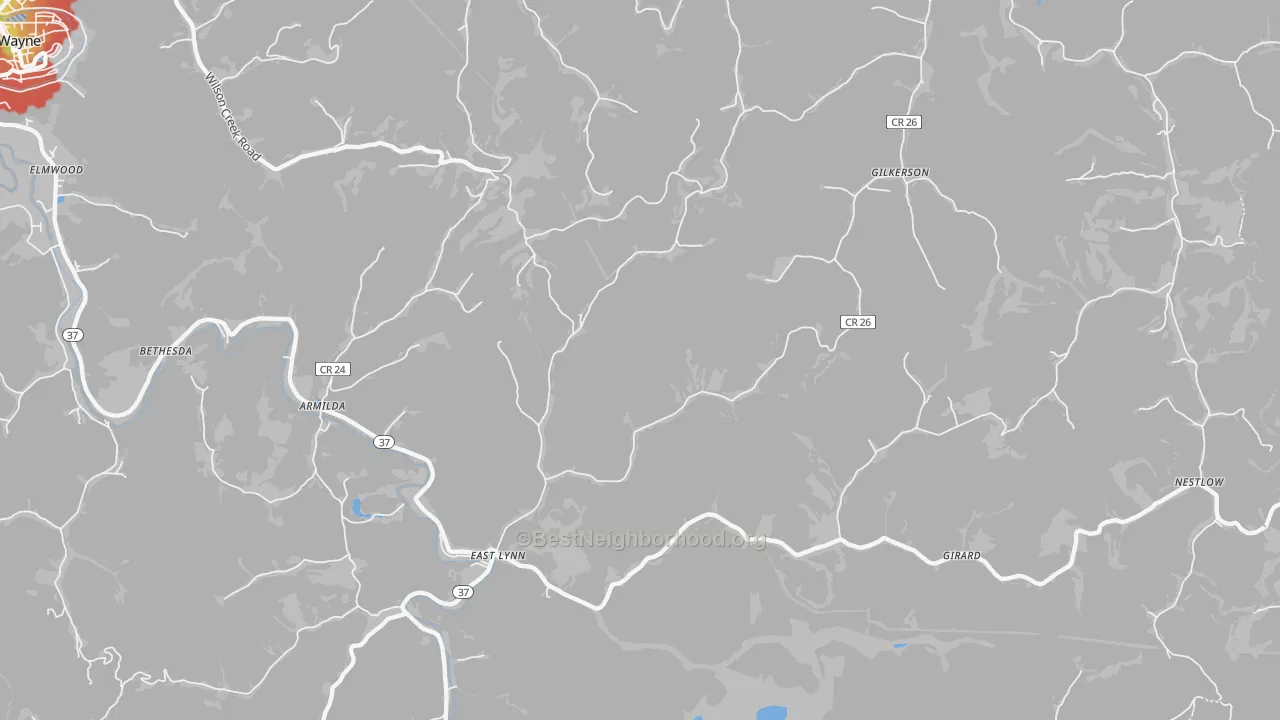Walk Grade map of East Lynn, WV, walkable areas in green and car-dependent areas in red