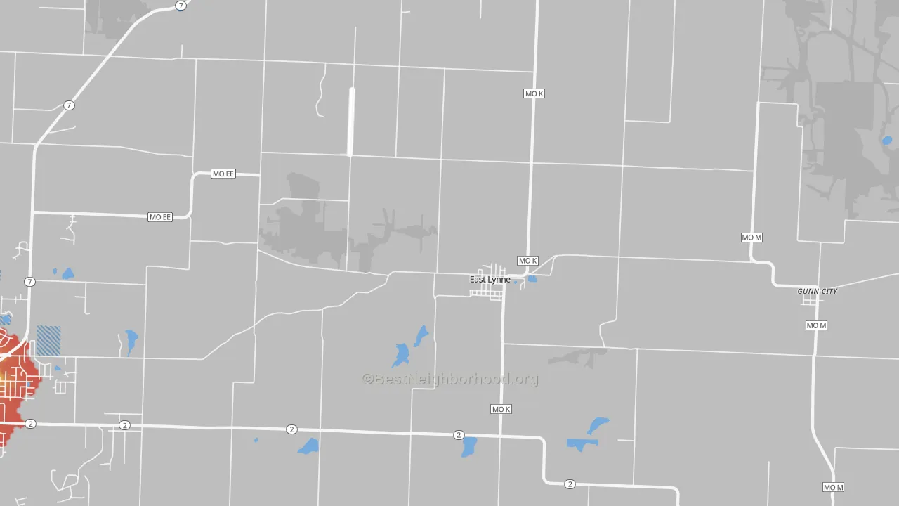 Walk Grade map of East Lynne, MO, walkable areas in green and car-dependent areas in red