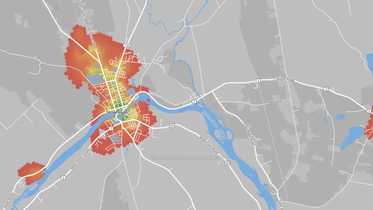 Walk Grade map of East Madison, ME, walkable areas in green and car-dependent areas in red