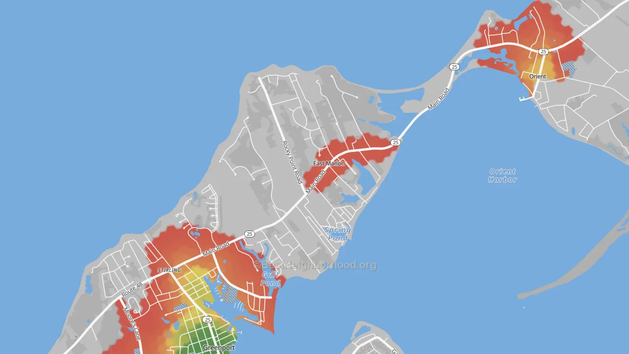 Walk Grade map of East Marion, NY, walkable areas in green and car-dependent areas in red