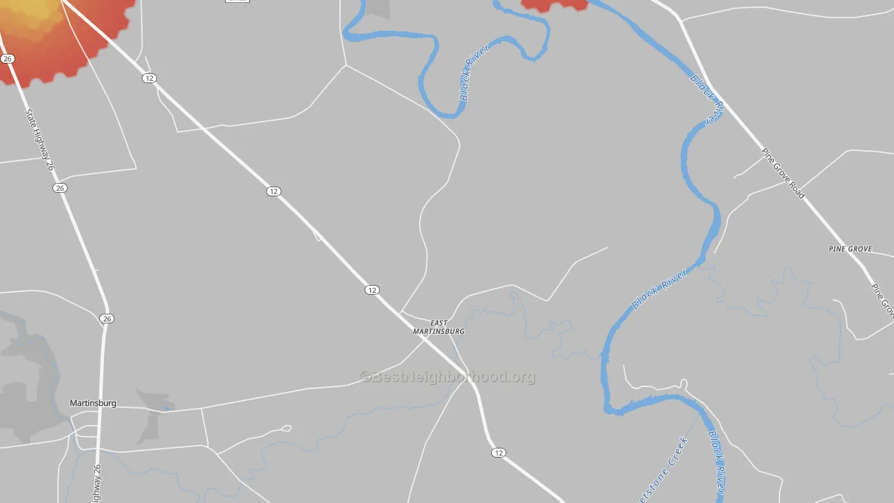 Walk Grade map of East Martinsburg, NY, walkable areas in green and car-dependent areas in red