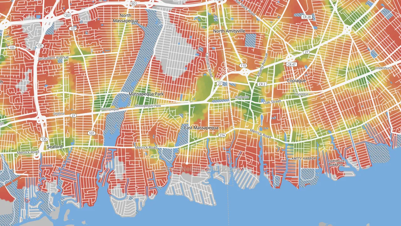 Walk Grade map of East Massapequa, NY, walkable areas in green and car-dependent areas in red