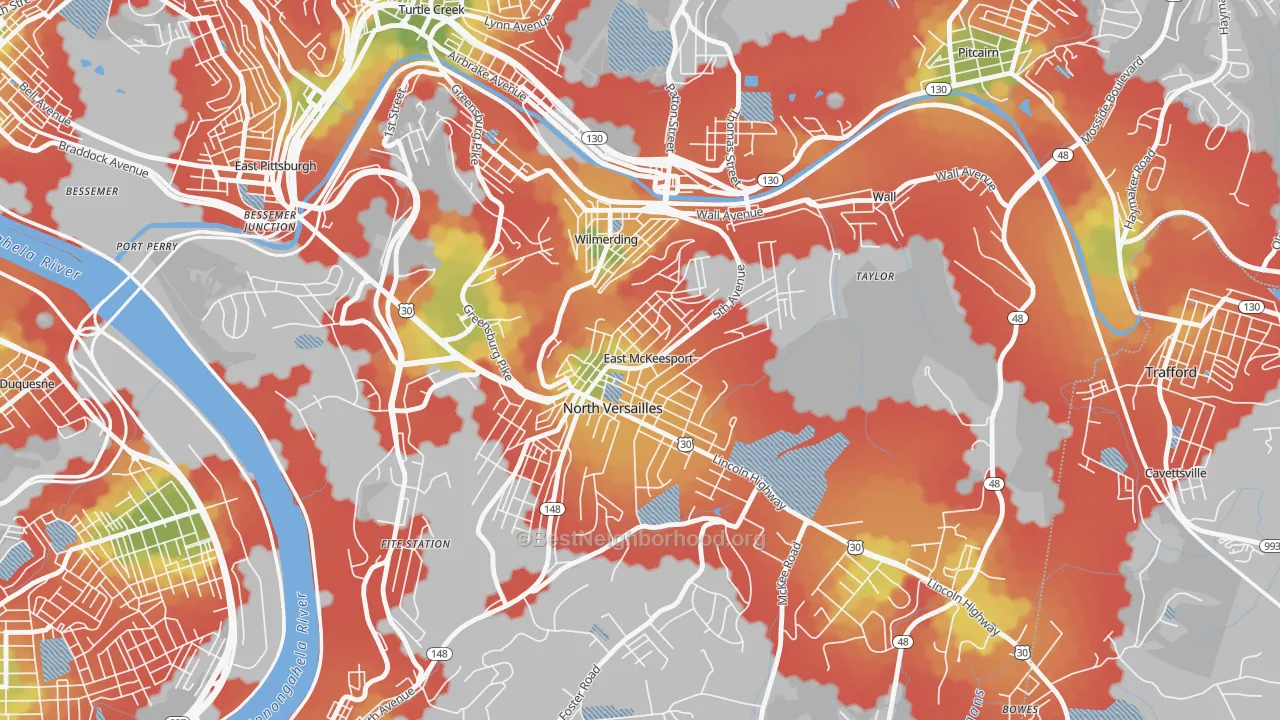 Walk Grade map of East McKeesport, PA, walkable areas in green and car-dependent areas in red