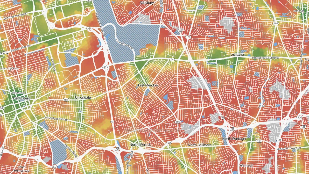 Walk Grade map of East Meadow, NY, walkable areas in green and car-dependent areas in red