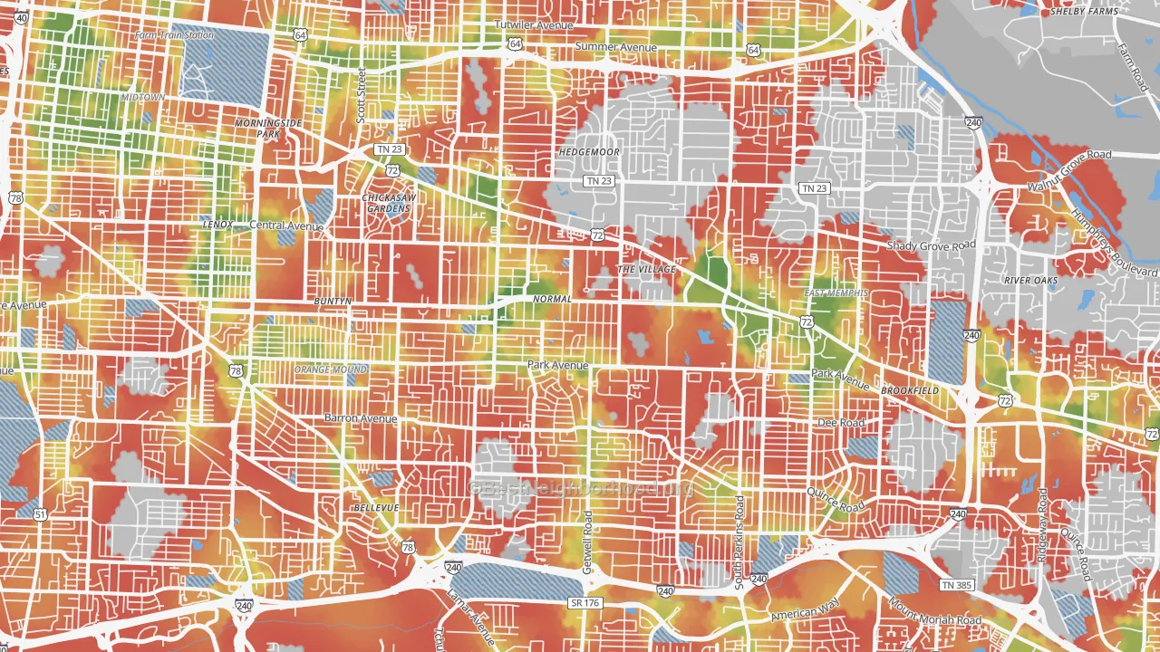Walk Grade map of East Memphis-Colonial-Yorkshire, Memphis, TN, walkable areas in green and car-dependent areas in red