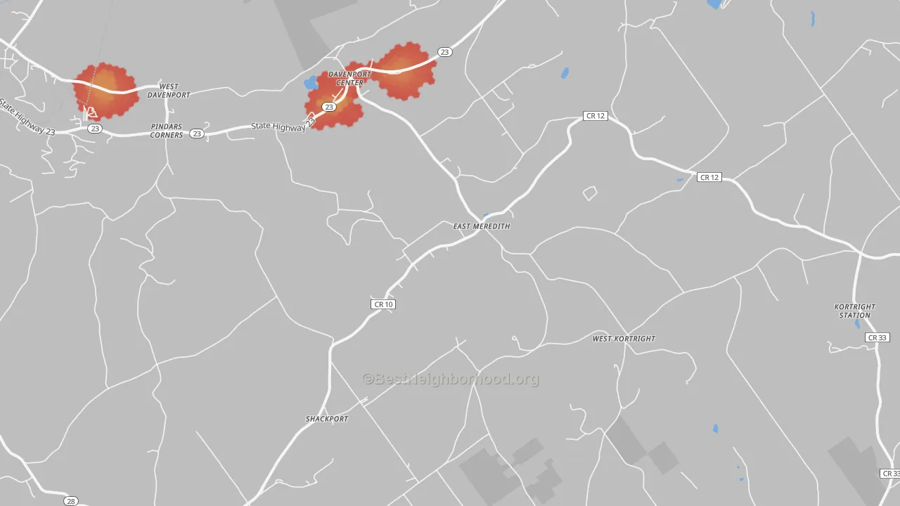 Walk Grade map of East Meredith, NY, walkable areas in green and car-dependent areas in red