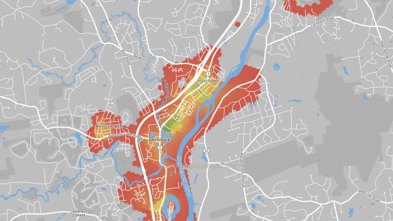 Walk Grade map of East Merrimack, NH, walkable areas in green and car-dependent areas in red