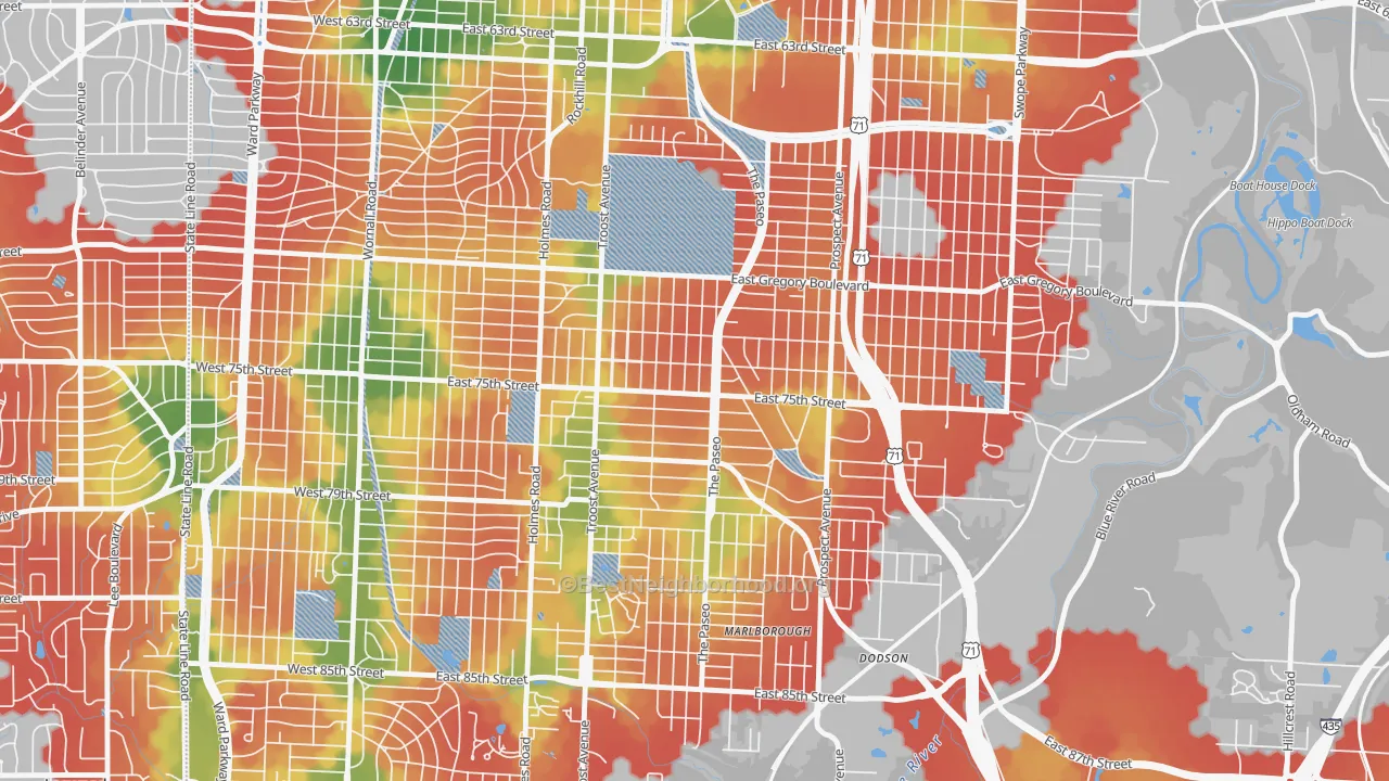 Walk Grade map of East Meyer, Kansas City, MO, walkable areas in green and car-dependent areas in red