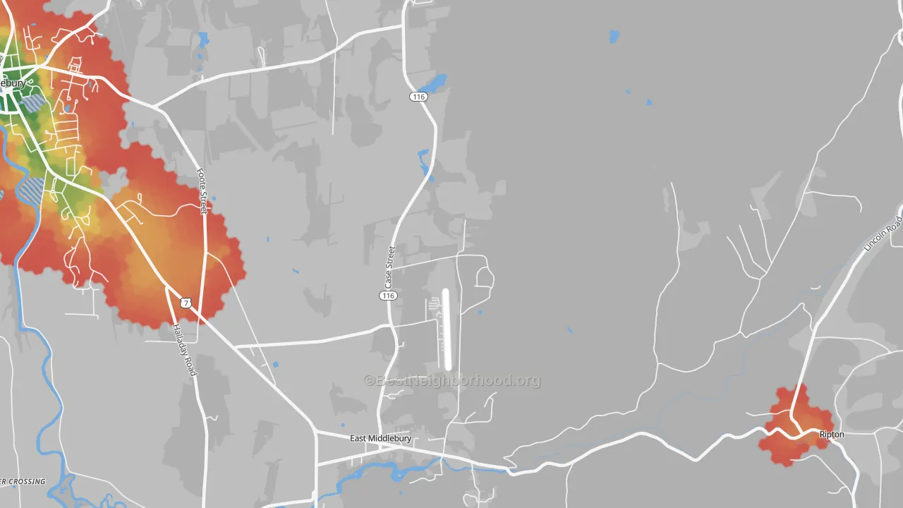 Walk Grade map of East Middlebury, VT, walkable areas in green and car-dependent areas in red