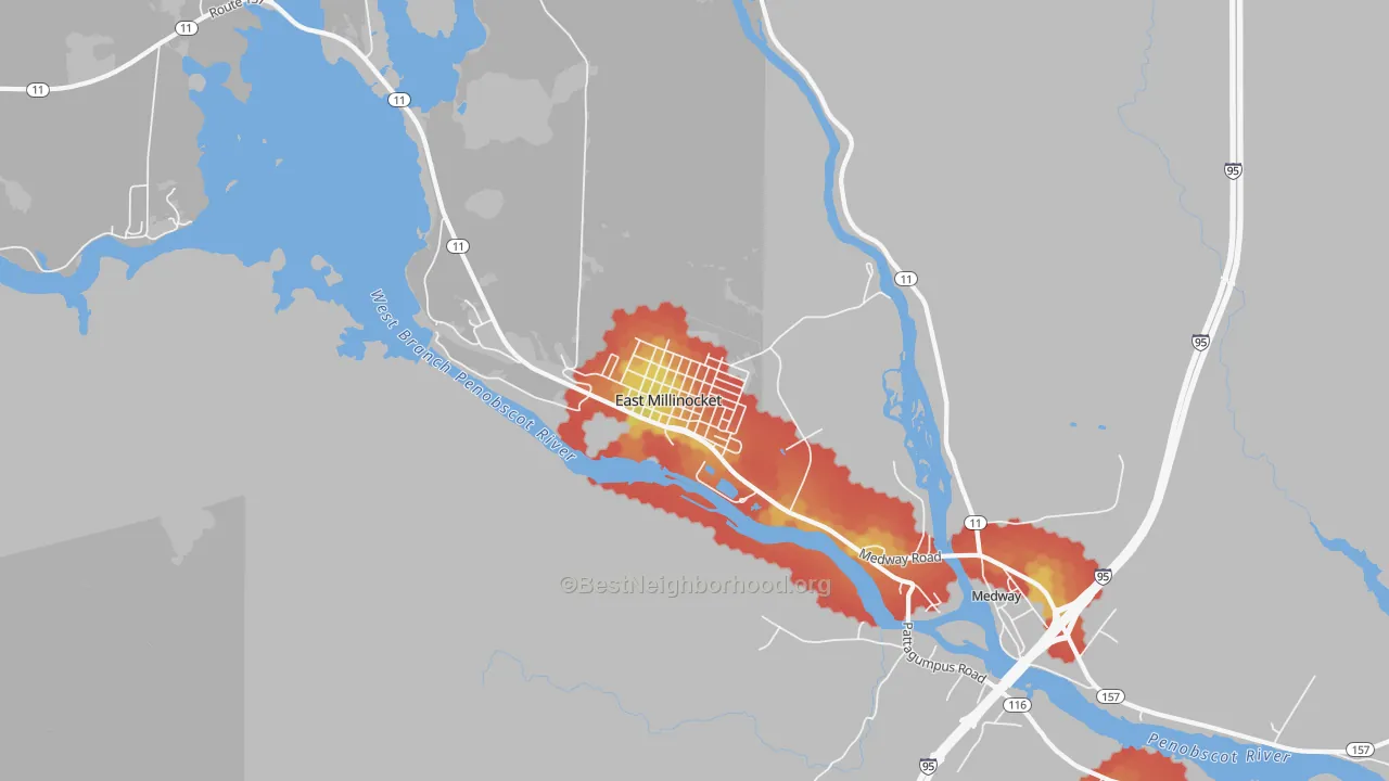 Walk Grade map of East Millinocket, ME, walkable areas in green and car-dependent areas in red