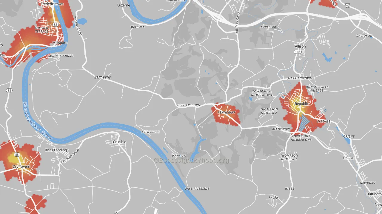 Walk Grade map of East Millsboro, PA, walkable areas in green and car-dependent areas in red