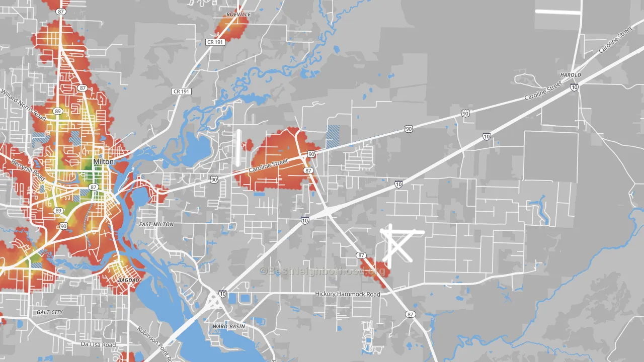 Walk Grade map of East Milton, FL, walkable areas in green and car-dependent areas in red