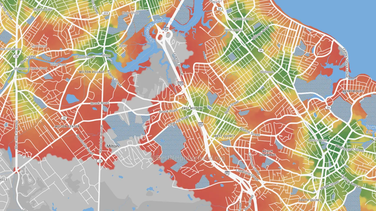 Walk Grade map of East Milton, Milton, MA, walkable areas in green and car-dependent areas in red