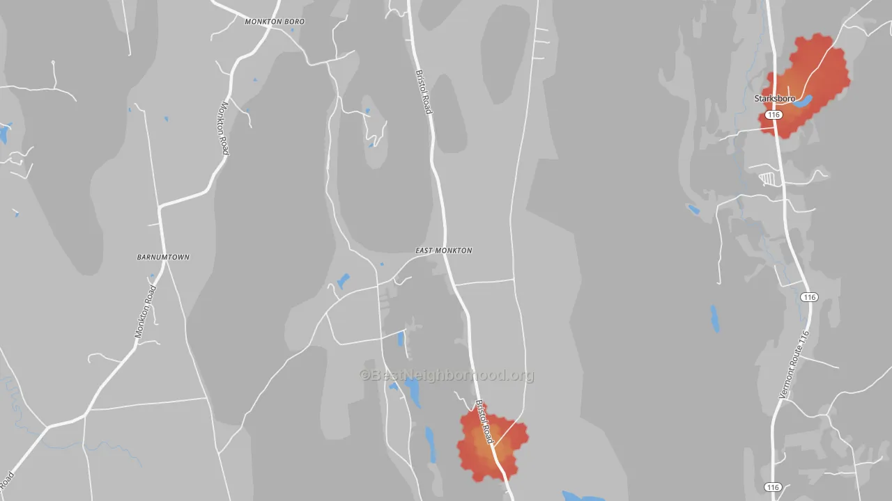 Walk Grade map of East Monkton, VT, walkable areas in green and car-dependent areas in red