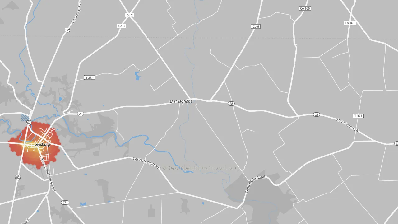 Walk Grade map of East Monroe, OH, walkable areas in green and car-dependent areas in red