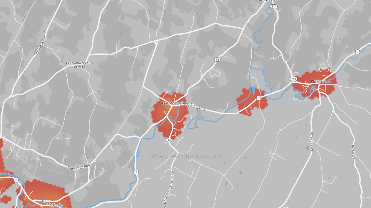 Walk Grade map of East Montpelier, VT, walkable areas in green and car-dependent areas in red
