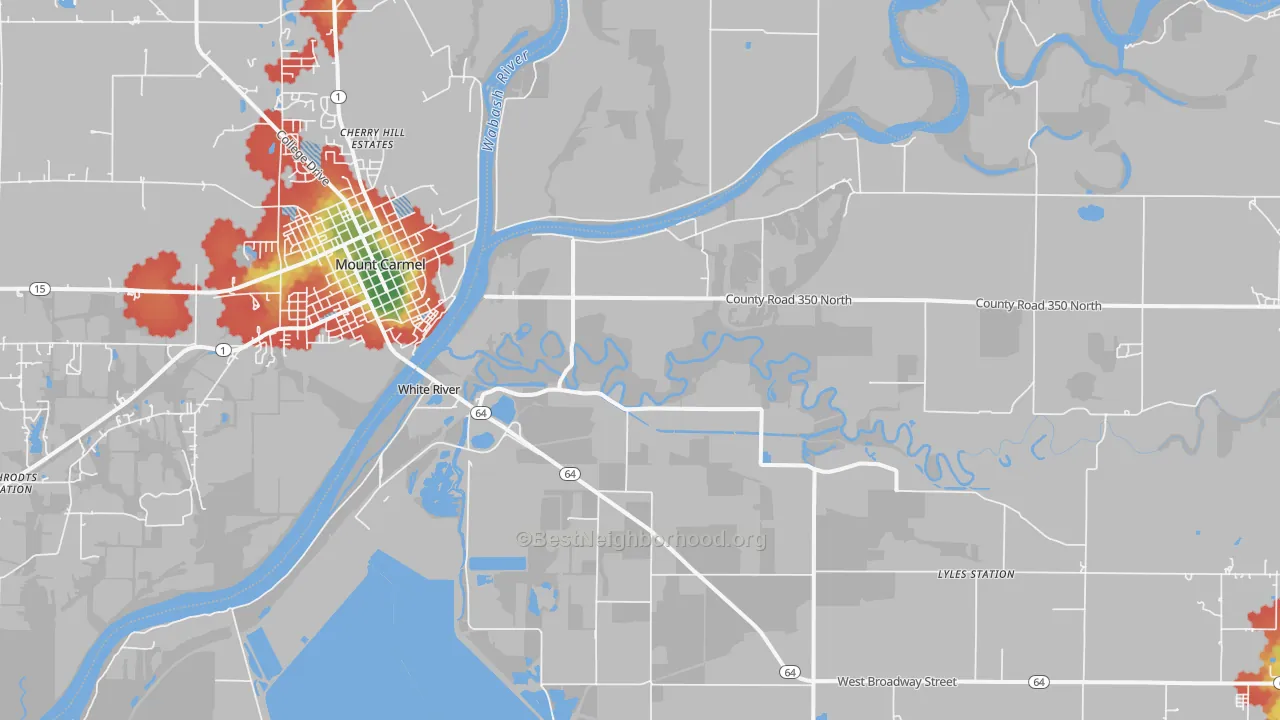 Walk Grade map of East Mount Carmel, IN, walkable areas in green and car-dependent areas in red