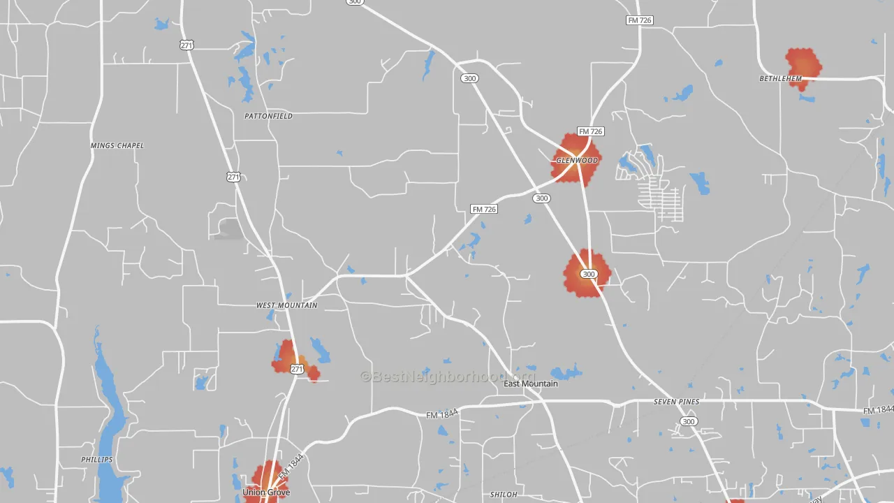 Walk Grade map of East Mountain, TX, walkable areas in green and car-dependent areas in red