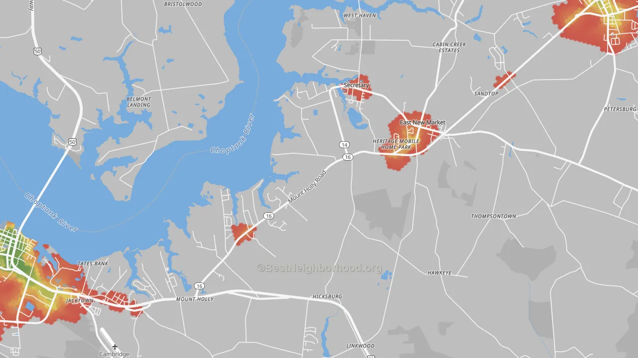 Walk Grade map of East New Market, MD, walkable areas in green and car-dependent areas in red