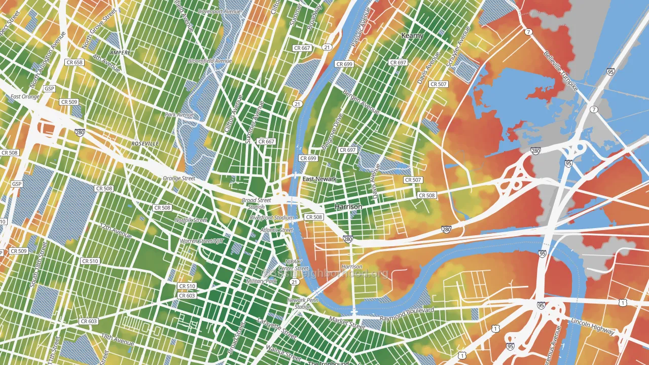Walk Grade map of East Newark, NJ, walkable areas in green and car-dependent areas in red