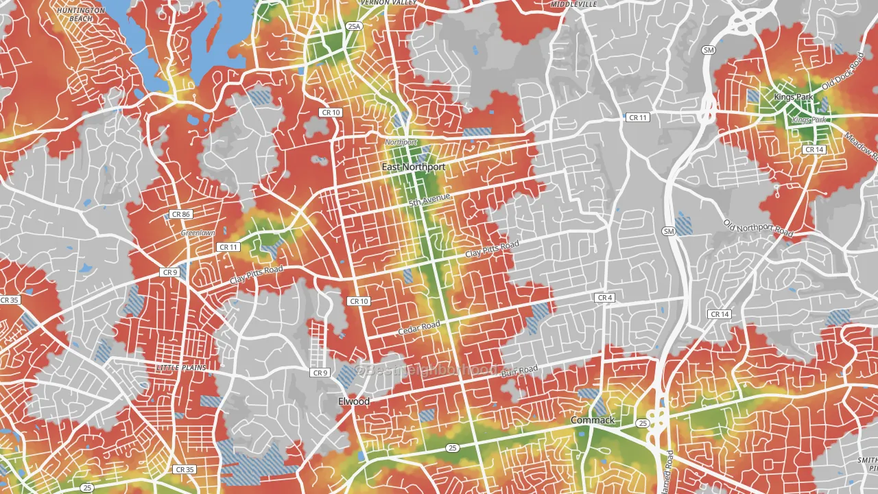 Walk Grade map of East Northport, NY, walkable areas in green and car-dependent areas in red