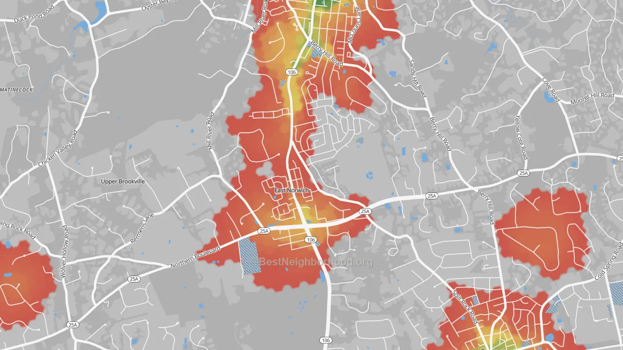 Walk Grade map of East Norwich, NY, walkable areas in green and car-dependent areas in red