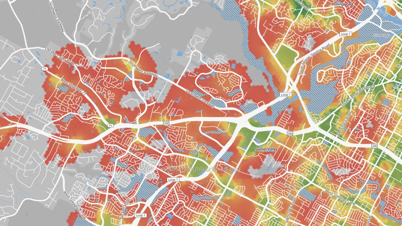 Walk Grade map of East Oak Hill, Austin, TX, walkable areas in green and car-dependent areas in red