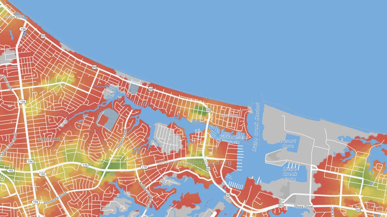 Walk Grade map of East Ocean View, Norfolk, VA, walkable areas in green and car-dependent areas in red