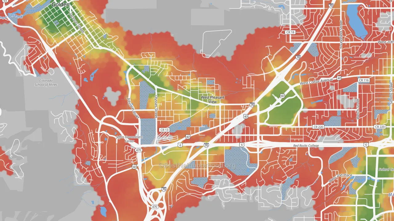 Walk Grade map of East Old Golden Road, West Pleasant View, CO, walkable areas in green and car-dependent areas in red