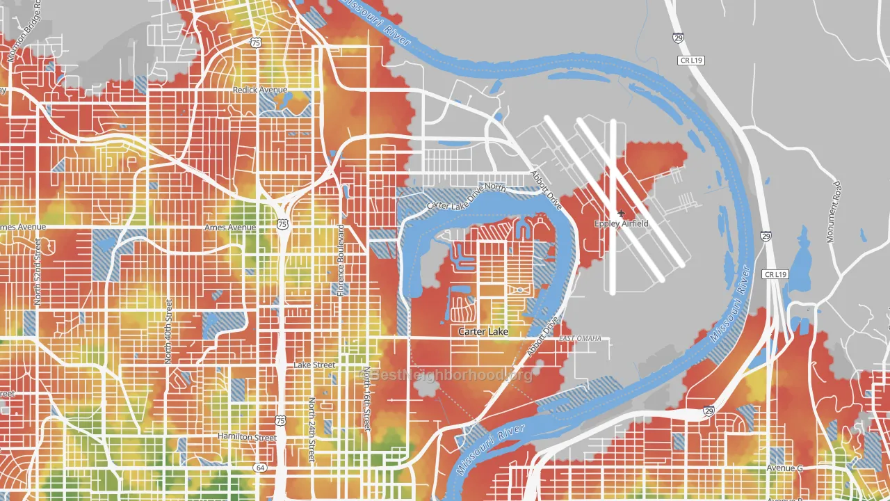 Walk Grade map of East Omaha, Omaha, NE, walkable areas in green and car-dependent areas in red