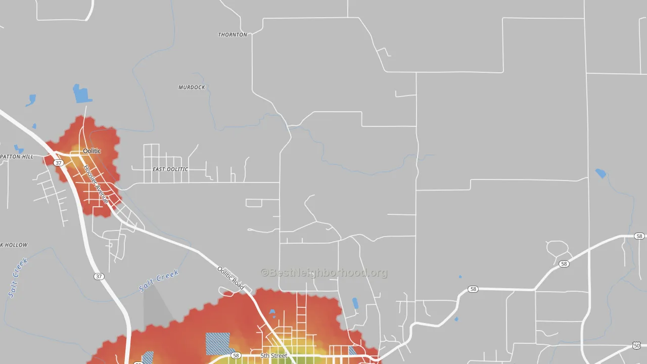 Walk Grade map of East Oolitic, IN, walkable areas in green and car-dependent areas in red