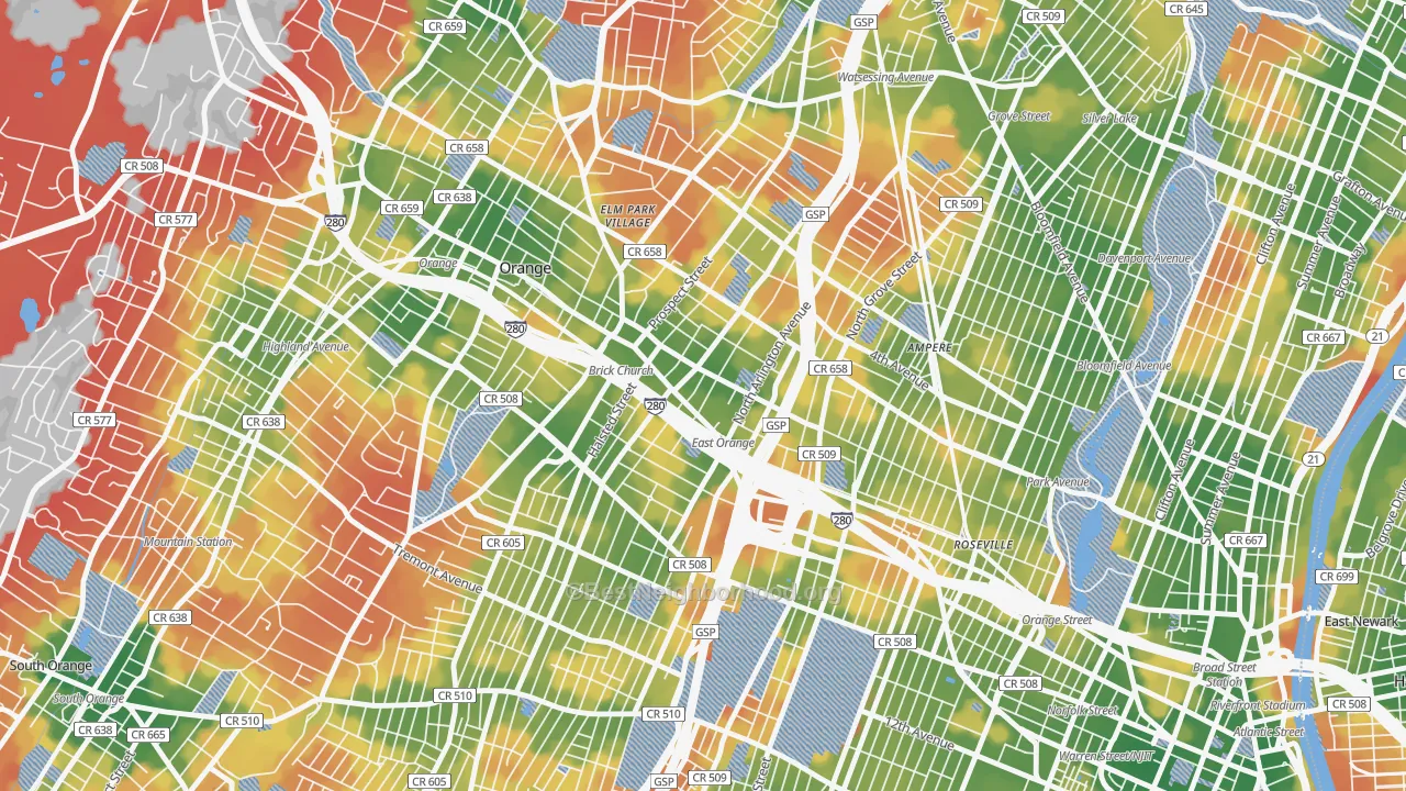 Walk Grade map of East Orange, NJ, walkable areas in green and car-dependent areas in red