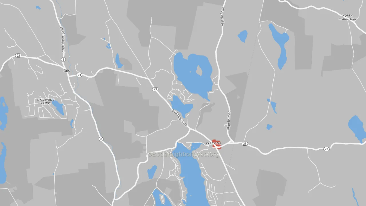 Walk Grade map of East Otis, MA, walkable areas in green and car-dependent areas in red