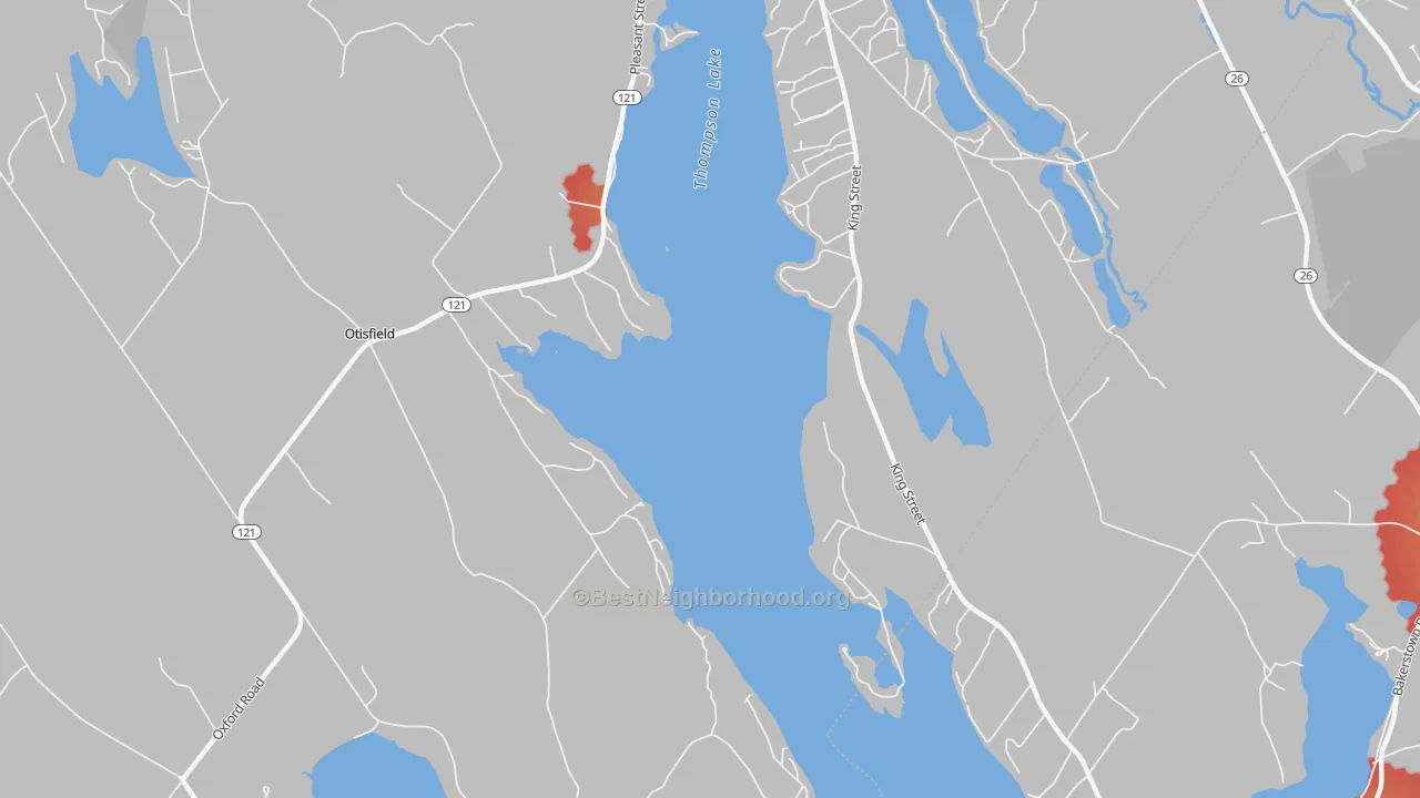 Walk Grade map of East Otisfield, ME, walkable areas in green and car-dependent areas in red
