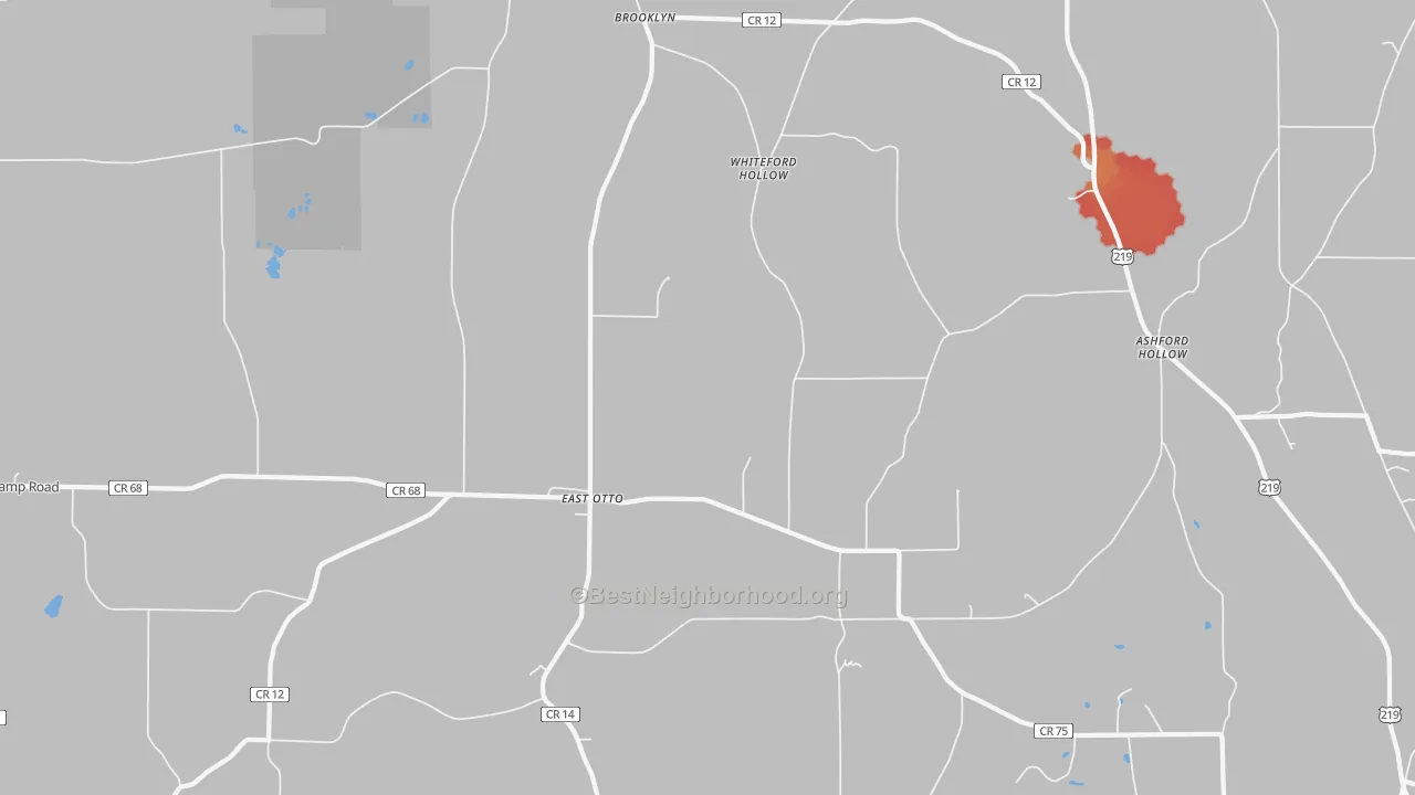 Walk Grade map of East Otto, NY, walkable areas in green and car-dependent areas in red