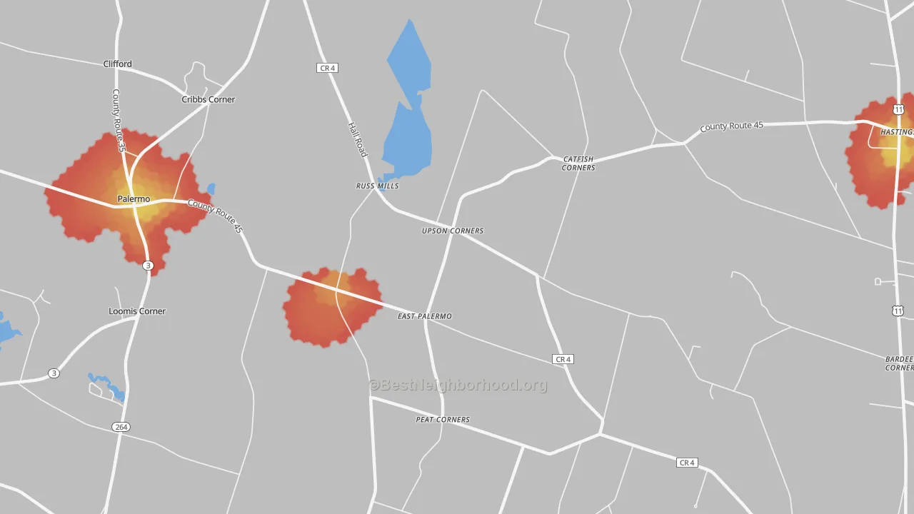 Walk Grade map of East Palermo, NY, walkable areas in green and car-dependent areas in red