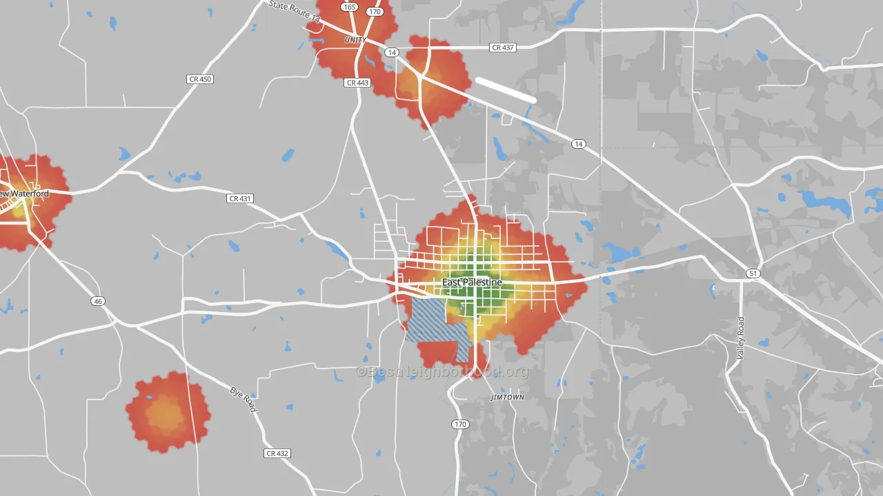 Walk Grade map of East Palestine, OH, walkable areas in green and car-dependent areas in red